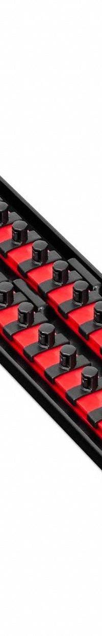 ERNST MANUFACTURING Twist-Lock Socket Organizer Tray: Red, 3 5/8 in Overall Wd, 36 Posts/Slots (MPN 8453). Key specifications — attr1125333: I.D. Stickers; attr1125348: Plastic; attr1125346: ERNST MANUFACTURING; attr1125347: Red; attr1136588: Sockets; attr1125364: Socket Rail.