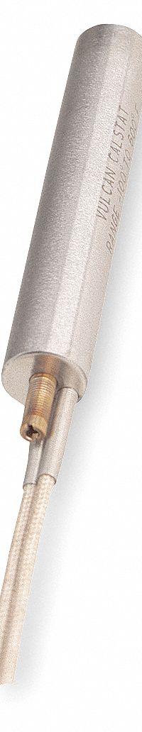 VULCAN Cal-Stat Thermostat: Basic Cartridge, Open on Rise, -100° to 600°F, 1/2°F, 1/2 in Sheath Dia (MPN 1A1C9). Key specifications — Switch Action: Open on Rise; Temperature Control Range: -100° to 600°F; Temperature Differential: 1/2 °F; Control Type: Adjustable Screw; Brand: VULCAN.