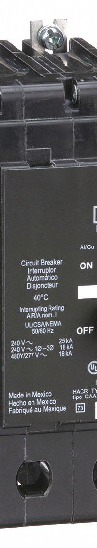 SQUARE D Miniature Circuit Breaker: 100 A, 277/480V AC, Single Phase, 18kA at 277/480V AC, 2 Poles (MPN EDB24100). Key specifications — Phase: Single; Amps: 100 A; AC Voltage Rating: 277/480V AC; Max. AIR Rating: 18kA at 277/480V AC; For Use With: Square D NF Panelboards; Brand: SQUARE D.
