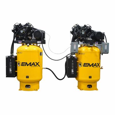 EMAX Electric Air Compressor: 10 hp, 2 Stage, Vertical, 120 gal, 38 cfm, 175 psi - Quiet Duplex Pressure Lubricated Electric Air Compressors with Silencer