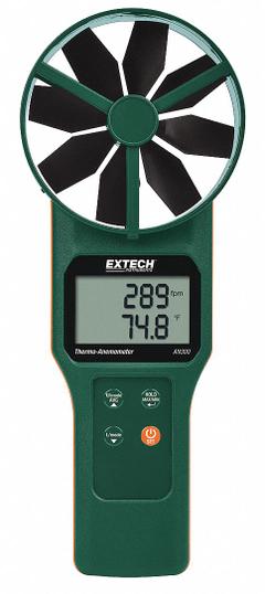 EXTECH Anemometer: 1 fpm Air Velocity Resolution, Rotating Vane, Air Flow/Air Velocity/Temp, NIST (MPN AN300-NIST). Key specifications — Calibration Certificate Type: NIST; Data Logging: No; Manufacturer Part Number: AN300-NIST; Brand: EXTECH; Temperature Accuracy: +/-1.1°F; Digital Display Screen Type: LCD; Display Type: Digital; Includes: Carrying Case.