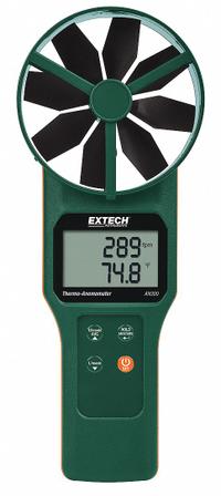EXTECH Anemometer: 1 fpm Air Velocity Resolution, Rotating Vane, Air Flow/Air Velocity/Temp, NIST (MPN AN300-NIST). Key specifications — Calibration Certificate Type: NIST; Data Logging: No; Manufacturer Part Number: AN300-NIST; Brand: EXTECH; Temperature Accuracy: +/-1.1°F; Digital Display Screen Type: LCD; Display Type: Digital; Includes: Carrying Case.