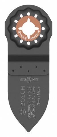 BOSCH Oscillating Scraper Blade: 2 in Blade Wd, 4 in Blade Lg, Carbide Grit, Starlock Connection (MPN OSL200CR). Key specifications — attr1097676: BOSCH; attr1097658: Carbide Grit; attr1097655: Pointed.