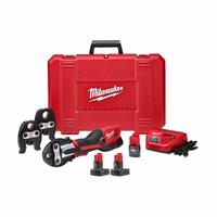 MILWAUKEE Press Tool Kit: M12™ REDLITHIUM™, Compact, Inline, 1/2 in/3/4 in/1 in Jaws (MPN 2473-22, 48-11-2412). Key specifications — attr518742: FORCE LOGIC™; attr525712: 1/2 in; 3/4 in; 1 in; attr518712: (4) Batteries.