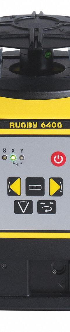 LEICA RUGBY Rotary Laser: 1,650 ft Range w/Receiver, Green Beam, Horizontal/Vertical, 0 Dots (MPN Rugby 640G). Key specifications — attr935954: Green; attr935948: ±3/32 in @ 100 ft; attr935970: Remote Control; attr935961: Horizontal; attr935962: Electronic Self-Leveling; attr935949: Alkaline; attr935951: Rugby 640G Provides Outstanding Visibility for Indoor and Outdoor Applications with New Green Beam Laser Technology; attr935952: Batteries Included.