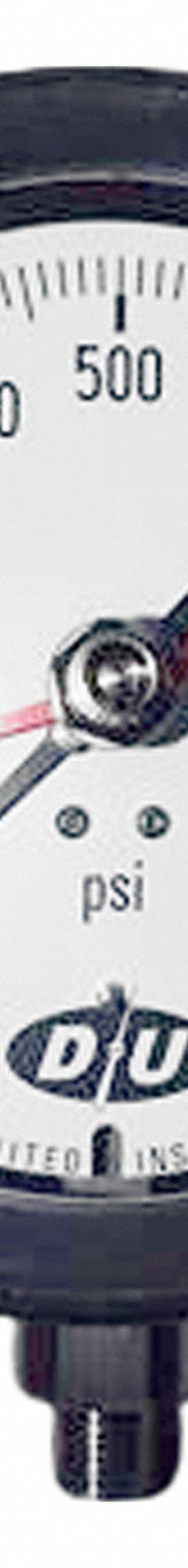 DURO Industrial Pressure Gauge: 0 psi to 1,000 psi, White, 4 1/2 in Dial, 1/4 in NPT Male, Bottom, 4 (MPN 42071313-MAXHAND). Key specifications — Brand: DURO; Pointer Color: Black; Accuracy: ±0.5%; Dial Color: White; Gauge Wetted Parts: Stainless Steel; Case Material: Stainless Steel; Vibration Resistance Properties: None; Pressure Range: 0 psi to 1,000 psi.