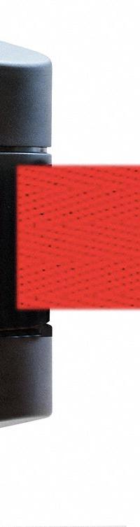 TENSABARRIER Retractable Belt Barrier: Fixed Mounting Plate, 30 ft Belt Lg, Pattern, Red, No Legend (MPN 897-30-S-33-NO-R5X-C). Key specifications — Frame Color: Black; Brand: TENSABARRIER; Belt Color: Red.
