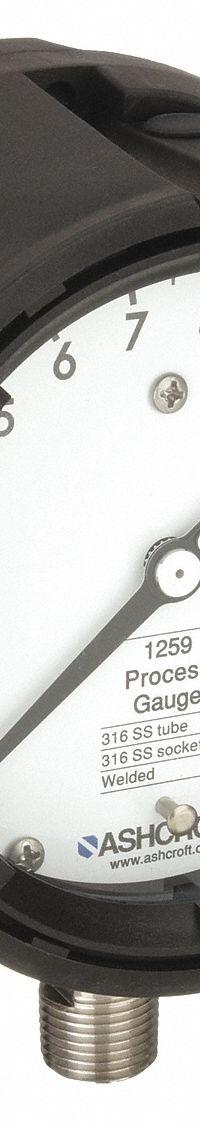 ASHCROFT Process Pressure Gauge: 0 psi to 15 psi, White, 4 1/2 in Dial, 1/2 in NPT Male, Bottom, PBT (MPN 451259SD04YLXCY15). Key specifications — Brand: ASHCROFT; Pointer Color: Black; Accuracy: ±0.5%; Dial Color: White; Gauge Wetted Parts: Stainless Steel; Case Material: PBT; Vibration Resistance Properties: None; Pressure Range: 0 psi to 15 psi.