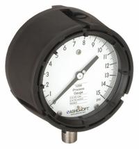 ASHCROFT Process Pressure Gauge: 0 psi to 15 psi, White, 4 1/2 in Dial, 1/2 in NPT Male, Bottom, PBT (MPN 451259SD04YLXCY15). Key specifications — Brand: ASHCROFT; Pointer Color: Black; Accuracy: ±0.5%; Dial Color: White; Gauge Wetted Parts: Stainless Steel; Case Material: PBT; Vibration Resistance Properties: None; Pressure Range: 0 psi to 15 psi.