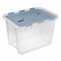 STERILITE Storage Tote: 7.5 gal, 18 1/4 in x 13 in x 11 3/4 in, Clear Body, Blue Lid, Plastic (MPN 23936H06). Key specifications — Material: Plastic; Brand: STERILITE.