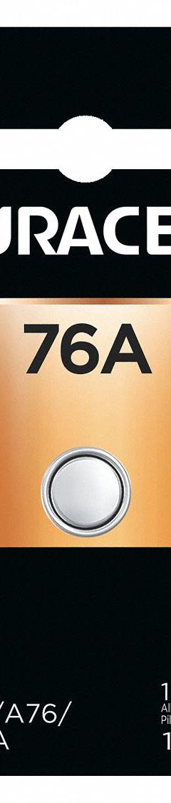 DURACELL Button Cell Battery: 76A Battery Size, Alkaline, 130 mAh Capacity, 1.5V DC, 0.45 in Dia (MPN 76x4BCD). Key specifications — Voltage - Batteries: 1.5V DC; Battery Chemistry: Alkaline; Product Type: Button Cell Battery; Battery Size: 76A; Brand: DURACELL; Voltage - Subhead: 1.5V DC.
