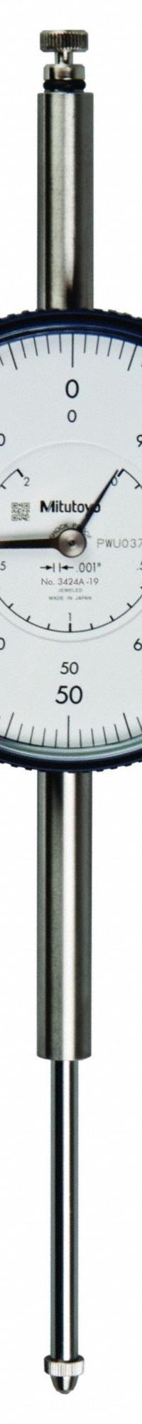 MITUTOYO Dial Indicator: 0 in to 2 in, Inch, Plunger, 0.001 in/0.003 in Accuracy, 78 mm Dial Size (MPN 3424A-19). Key specifications — attr1184168: 3424A-19; attr1184178: 0-100; attr1184223: MITUTOYO; attr1200883: Dial Indicator; attr1184173: AGD 3; attr1184177: 0.001 in; attr1184208: Certificate of Inspection.