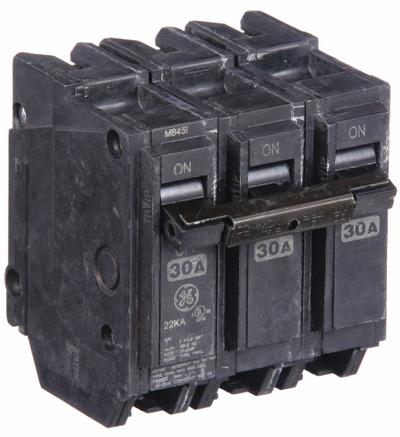 GE Miniature Circuit Breaker: THHQL, 30 A, 120/240V AC, Three Phase, 22kA at 120/240V AC - THQP, THQL & THHQL Series, Plug-In GE Miniature Circuit Breakers