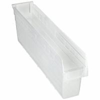 QUANTUM STORAGE SYSTEMS Shelf Bin: 23 5/8 in Overall Lg, 4 3/8 in x 8 in, Clear, Nesting Capable (MPN QSB805CL). Key specifications — attr1179622: QUANTUM STORAGE SYSTEMS; attr1179611: 0%; attr1179616: QSB805CL; attr1179624: Dividers Not Included; attr1249172: Not Electrostatic Discharge Conductive.