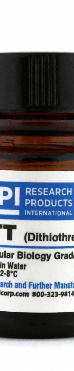 RPI DTT (DL-Dithiothreitol) (Clelands Reagents): 1 g Volume, BSE/TSE Free, Powder, Plastic (MPN D11000-1.0). Key specifications — Form: Powder; Special Information: BSE/TSE Free; Brand: RPI; Chemical Grade: Lab; Container Material: Plastic.