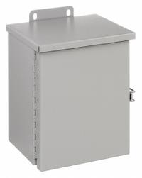 WIEGMANN Enclosure: Steel, 10 in x 8 in x 6 in, 3R, Solid Cover, Hinged, Included, Painted (MPN RHC081006). Key specifications — Brand: WIEGMANN; Closure Method: Padlock Hasp; Knockouts: Included.
