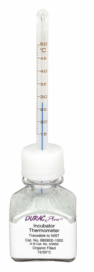 DURAC PLUS Bottle Thermometer: 15°C to 50°C, +/-0.75°C, 30 mL Bottle Volume - Analog Bottle Thermometers for Incubators & Water Baths