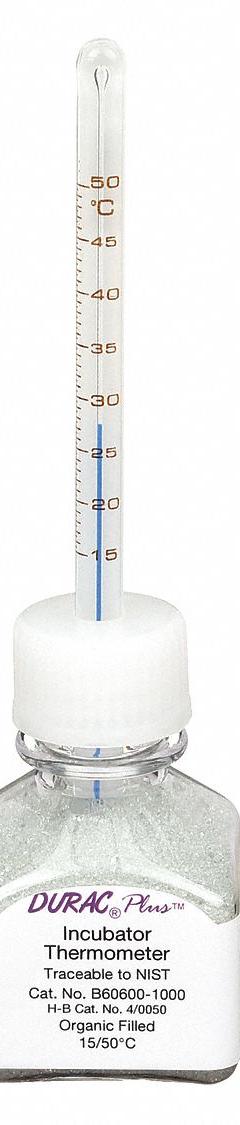 DURAC PLUS Bottle Thermometer: 15°C to 50°C, +/-0.75°C, 30 mL Bottle Volume, Glass Beads (MPN B60600-1000). Key specifications — Bottle Fill Medium: Glass Beads; Temperature Units: Celsius; Accuracy: +/-0.75°C; Brand: DURAC PLUS.
