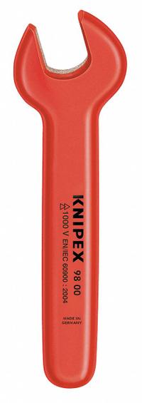 KNIPEX Open End Wrench: Alloy Steel, Chrome, 15 mm Head Size, 5 3/4 in Overall Lg, Std, Insulated (MPN 98 00 15). Key specifications — attr309776: Yes; attr309781: Chrome; attr309780: Alloy Steel; attr324939: KNIPEX.