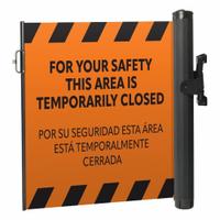 MODUS Mounted Barrier: Fixed Mount, 11 1/2 ft Belt Lg, Restricted Access Messaging, Orange (MPN ZP+EMPP-O-FML). Key specifications — Message Color: Black; Frame Color: Black; Brand: MODUS; Belt Color: Orange.