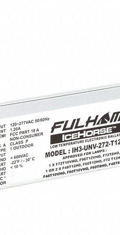 FULHAM Fluorescent Ballast: 120 to 277V AC, 1/2 Lamps Supported, 44 W Bulb Watt, 12 in Overall Lg (MPN IH3-UNV272T12HO). Key specifications — Lamp Types Supported: (1 or 2) F48T8; Brand: FULHAM; Number of Lamps Supported: 2.