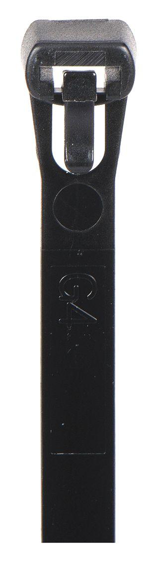 GRAINGER Cable Tie: Black, 12 in Lg, Max. 3 3/16 in Bundle Dia., 50 lb Rated - All-Purpose Push-Release Cable Ties