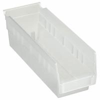 AKRO-MILS Shelf Bin: 11 5/8 in Overall Lg, 4 1/8 in x 4 in, Clear, Nesting Capable, Not Hangable (MPN 30120SCLAR). Key specifications — attr1179622: AKRO-MILS; attr1179611: 0%; attr1179616: 30120SCLAR; attr1179624: Dividers Not Included; attr1249172: Not Electrostatic Discharge Conductive.