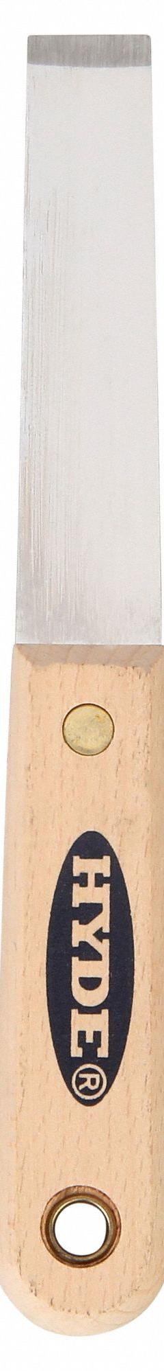 HYDE Scraper: Bld. Mat. Stainless Steel, Hdl. Mat. Hardwood, Stiff, Straight Bld. Shape (MPN 07005). Key specifications — attr1004902: HYDE; attr1012057: Full; attr1014703: Wood; attr1017570: Standard End; attr1029655: Straight; attr1034073: Straight.