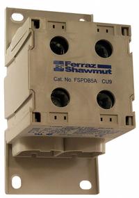 MERSEN Power Distribution Block: Finger-Safe, Lug, Lug, 14 AWG – 600 kcmil For Line Side Wire Sizes (MPN FSPDB5A). Key specifications — Mounting Type: DIN-Rail; Brand: MERSEN; For Conductor Material: Aluminum.