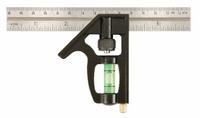 JOHNSON LEVEL Combination Square: Inch/Metric, Stainless Steel, 3 1/2 in, 6 in x 0.85 in, Cast Zinc (MPN 406EM-S). Key specifications — attr936159: 1/32 in; attr936166: Cast Zinc; attr936169: Scriber; attr934771: JOHNSON LEVEL; attr936157: Etched.