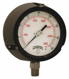 WINTERS Process Pressure Gauge: 0 psi to 400 psi, White, 4 1/2 in Dial, 1/2 in NPT Male, Bottom, PPC (MPN PPC5068G-SG45). Key specifications — Brand: WINTERS; Pointer Color: Black; Accuracy: ±0.5%; Dial Color: White; Gauge Wetted Parts: Stainless Steel; Case Material: Phenolic; Vibration Resistance Properties: Liquid-Filled; Pressure Range: 0 psi to 400 psi.