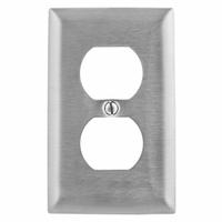 HUBBELL Wall Plate: Duplex Outlet, 1 Gang, Silver, Jumbo Size (MPN SSJ8). Key specifications — Brand: HUBBELL; Material: Stainless Steel.