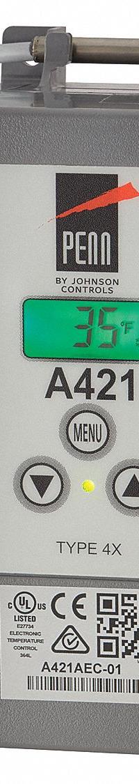 Temperature Control: Single Stages, Heat and Cool, -40°F to 212°F, Digital, 4X, SPDT, 24V AC, A99 (MPN A421GEF-02C). Key specifications — Variable Output Voltage: No; Manufacturer Part Number: A421GEF-02C; Product Type: Temperature Control; Application: Chiller Control; Brand: JOHNSON CONTROLS; Input Voltage: 24V AC; Compatible with Series: A99.