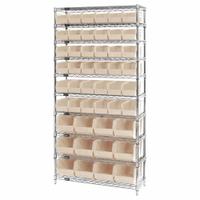 QUANTUM STORAGE SYSTEMS Shelving Unit: 36 in x 14 in x 74 in, 1 Sided, 48 Bins, Open, White (MPN WR10-230240IV). Key specifications — Includes Bins: Yes; Frame Color: Chrome; Bin HxWxD: 5 x 5-1/2 x 10-7/8 in; Frame Material: Carbon Steel; Bin Color: White; Brand: QUANTUM STORAGE SYSTEMS.