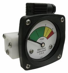 MIDWEST INSTRUMENT 3-Color Differential Pressure Indicator: 1,000 psig Max. Static Pressure, 522 (MPN 522P-005V-LE). Key specifications — Brand: MIDWEST INSTRUMENT; Accuracy: ±5% of Full Scale; Sensor Material: Viton; Housing Material: Acetal Plastic; Transition Points: 0 psid to 3 psid (Green) / 3 psid to 4 psid (Yellow) / 4 psid to 5 psid (Red).