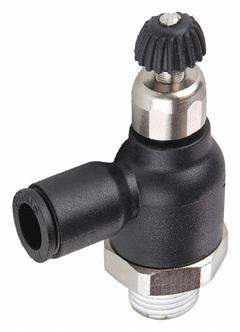 LEGRIS Compact Flow Control: Elbow Fitting, Screw, 10 mm Valve Body Size, 10 mm Tube, Meter Out (MPN 7065 10 21). Key specifications — attr947203: Technical Polymer; attr947205: LEGRIS.