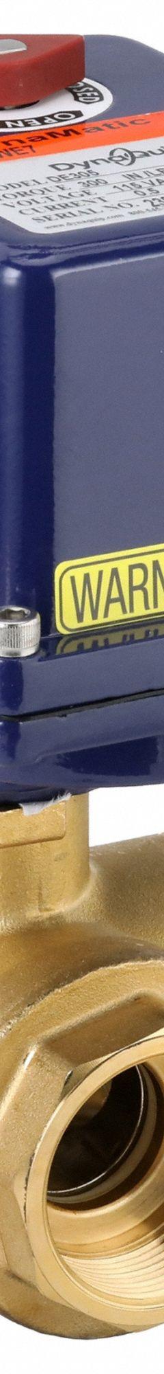 DYNAQUIP CONTROLS Electrically Actuated Three-Way Ball Valve: 1 1/2 in, Brass, 120V AC, L Flow (MPN EYHG7AUE25). Key specifications — Included Mounting: ISO 5211 Actuator Mounting Pad; Brand: DYNAQUIP CONTROLS; Actuator Features: Manual Override.