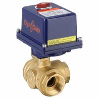 DYNAQUIP CONTROLS Electrically Actuated Three-Way Ball Valve: 1 1/2 in, Brass, 120V AC, L Flow (MPN EYHG7AUE25). Key specifications — Included Mounting: ISO 5211 Actuator Mounting Pad; Brand: DYNAQUIP CONTROLS; Actuator Features: Manual Override.
