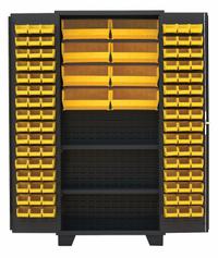 JAMCO Bin Cabinet: 36 in x 24 in 78 in, 2 Shelves, 104 Bins, Yellow, Flush, 14 ga Panel, Black (MPN DN236BL). Key specifications — Bin Color: Yellow; Bin HxWxD: (96) 3 in x 4-1/8 in x 7-1/2 in; Assembled: Assembled; Cabinet Style: Shelf and Bin; Brand: JAMCO; Cabinet Color: Black; Cabinet Finish: Powder Coated; Cabinet Material: Steel.