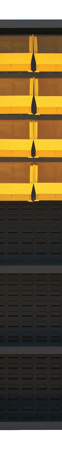 JAMCO Bin Cabinet: 36 in x 24 in 78 in, 2 Shelves, 104 Bins, Yellow, Flush, 14 ga Panel, Black (MPN DN236BL). Key specifications — Bin Color: Yellow; Bin HxWxD: (96) 3 in x 4-1/8 in x 7-1/2 in; Assembled: Assembled; Cabinet Style: Shelf and Bin; Brand: JAMCO; Cabinet Color: Black; Cabinet Finish: Powder Coated; Cabinet Material: Steel.