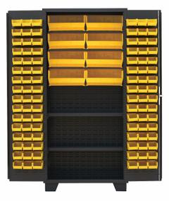 JAMCO Bin Cabinet: 36 in x 24 in 78 in, 2 Shelves, 104 Bins, Yellow, Flush, 14 ga Panel, Black (MPN DN236BL). Key specifications — Bin Color: Yellow; Bin HxWxD: (96) 3 in x 4-1/8 in x 7-1/2 in; Assembled: Assembled; Cabinet Style: Shelf and Bin; Brand: JAMCO; Cabinet Color: Black; Cabinet Finish: Powder Coated; Cabinet Material: Steel.