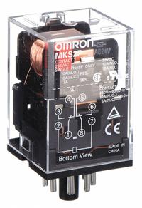OMRON General Purpose Relay: Socket Mounted, 10 A Current Rating, 24V AC, DPDT, 8 Pins/Terminals (MPN MKS2PAC24). Key specifications — Brand: OMRON; Base Type: Octal; Mounting Style: Plug-In; Pin Shape: Round; Electrical Connection: Plug-In; Manufacturer Part Number: MKS2PAC24; Operating Current: 7 A at 250V AC (Inductive Load); Series: MK-S Series.