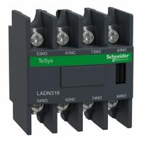 SCHNEIDER Auxiliary Contact Block: 3NO/1NC, 6 A Max Current (AC), Front Mount, Front-Mounted (MPN LADN316). Key specifications — Brand: SCHNEIDER; Compatible with Series: TeSys Deca.