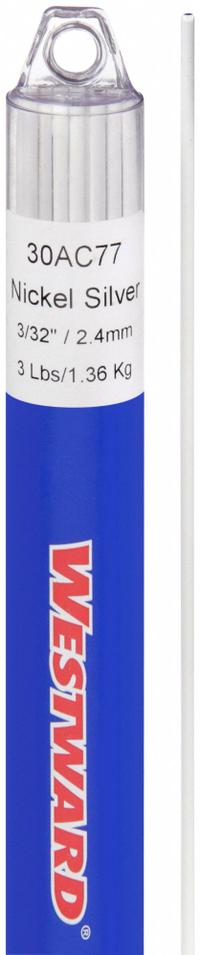 WESTWARD Brazing Alloy: Nickel Silver, 0%, RBCuZn-D, 3/32 in x 36 in, Flux-Coated, 40 PK (MPN 30AC77). Key specifications — Tensile Strength: 70 ksi; Yield Strength: Not Rated; Manufacturer Part Number: 30AC77; Brand: WESTWARD; pack-container: 40/pk.
