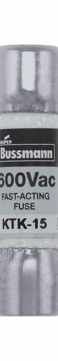 BUSSMANN Fuse: KTK Series, Midget, Fast-Acting, 15 A, 600 V AC, 13/32 in x 1 1/2 in, Non-Indicating (MPN KTK-15). Key specifications — attr1287209: KTK; attr211192: BUSSMANN.