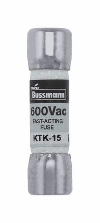 BUSSMANN Fuse: KTK Series, Midget, Fast-Acting, 15 A, 600 V AC, 13/32 in x 1 1/2 in, Non-Indicating (MPN KTK-15). Key specifications — attr1287209: KTK; attr211192: BUSSMANN.