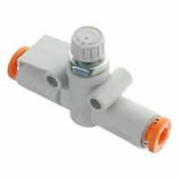 SMC Speed Controller: In-Line Fitting, Knob, 1/8 in Valve Body Size, 4 mm Push to Connect Tube, 4 mm (MPN AS2002F-04A). Key specifications — attr947203: Brass/PBT; attr947205: SMC.