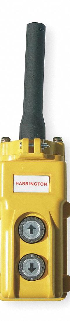 HARRINGTON Two Button Pendant Station: Electric Chain Hoists, ED, 1,050 lb Compatible Load Capacity (MPN ES1615S003). Key specifications — Manufacturer Part Number: ES1615S003; Compatible Hoist Type: Electric Chain Hoists; Compatible Series: ED; Compatible with Manufacturer Part Number: ED1050DS-10; Functions: Up/Down; Product Type: Pendant Station.