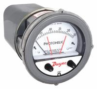 DWYER Differential Pressure Gauge & Switch: Single-Side, 1/8 in NPT Female, ±4% Gauge Accuracy (MPN A3000-00). Key specifications — Series: A3000 Photohelic; Housing Material: Die Cast Aluminum; Certificate of Calibration: Not Included; Gauge Accuracy: ±4%.