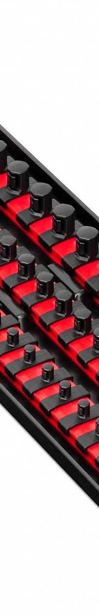ERNST MANUFACTURING Twist-Lock Socket Organizer Tray: Red, 5 5/16 in Overall Wd, 40 Posts/Slots (MPN 8490). Key specifications — attr1125333: I.D. Stickers; attr1125348: Plastic; attr1125346: ERNST MANUFACTURING; attr1125347: Red; attr1136588: Sockets; attr1125364: Socket Rail.